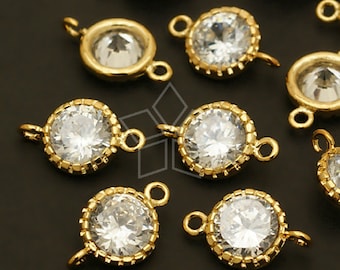 AC-438-GD / 4 stuks - Vintage ronde CZ connector, twee lus kubieke ronde hanger, verguld over messing / 8mm x 12mm