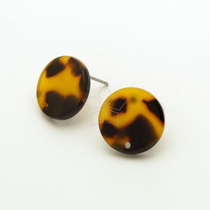 AR-046-CE / 2 piezas - Postes de alta calidad de cartón de acetato de celuloide Tortoise Shell Eartes, pendientes redondos con estampado de leopardo, poste de acero quirúrgico / 15 mm