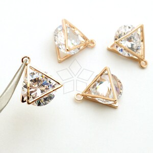 PD-1898-RG / 2 Pcs - Brilliant Cut Cubic Zirconia in Triangle Shell Frame, Clear CZ Charm Pendant, Rose Gold Plated Brass Frame / 9mm x 11mm