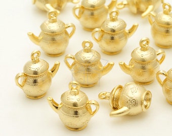 PD-1164-MG / 2 Pcs - Tea Pot, Tea Kettle Charm, Miniature Jewelry Pendant Findings, Matte Gold Plated over Pewter / 13mm x 13mm