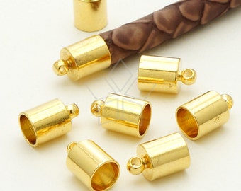 FE-006-GD / 10 Pcs - 6mm End Caps with Loop - Leather End Caps, Gold Plated over Brass / 5mm Inside Diameter