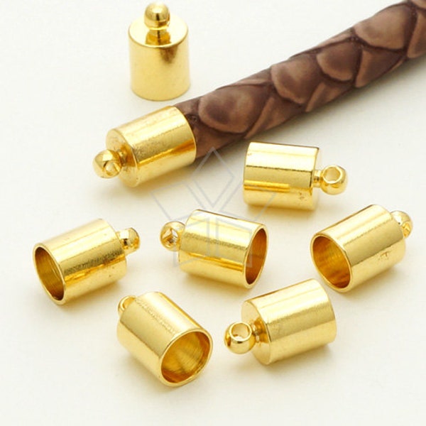 FE-006-GD / 10 Pcs - 6mm End Caps with Loop - Leather End Caps, Gold Plated over Brass / 5mm Inside Diameter