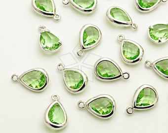 PD-1674-OR / 2 Pcs - Birthstone Charms, August Birthstone, Peridot Drop Pendant, Silver Plated Bezel Station / 7mm x 11mm