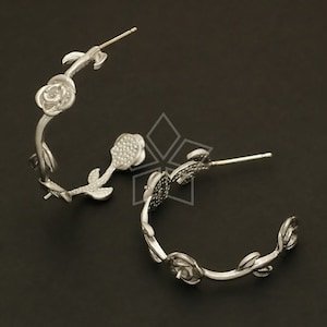 SI-276-MS / 2 Pcs - Rose Stem Earrings, Matte Silver Plated Flower Hoop Ear Posts, 925 Sterling Silver Post / 26mm