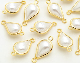 PD-2690-GD / 2 Pcs - Tear Drop Pearl Metal Wrapped Connector, White Drop Pearl Pendant (Small Size), Gold Plated Brass Bezel / 8mm x 17mm