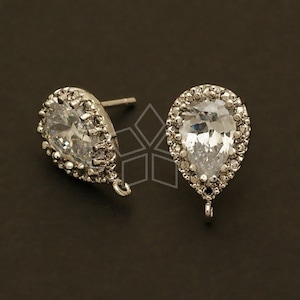 SI-378-OR // 2 Pcs - Pear Cut CZ Ear Posts, Tear Drop Earring Findings, Silver Plated, 925 Sterling Silver Post / 9mm x 14mm