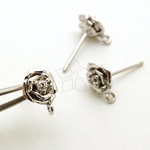 SI-864-OR / 2 Pcs - Dainty Tiny Rose CZ Stud Earrings, Rose Flower Post Studs (Crystal) Silver Plated, with 925 Sterling Silver Post / 7mm