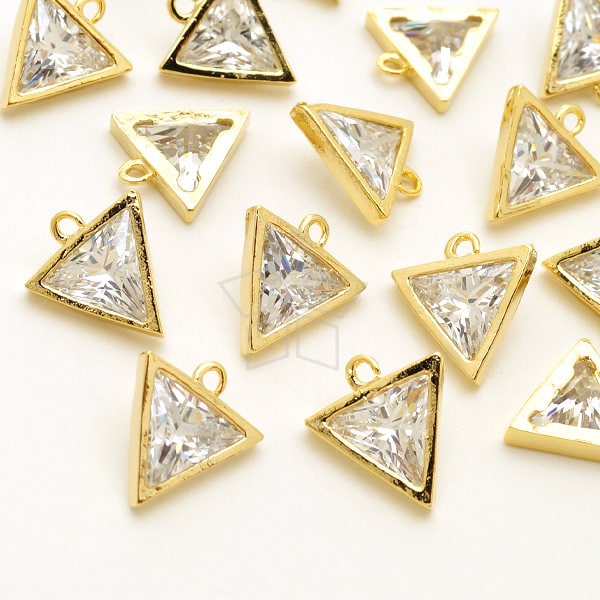 PD-2163-GD / 2 Pcs - Solitaire Inverted Triangle Cubic Zirconia in Bezel Charm Pendant, Gold Plated over Brass Bezel / 8mm x 9mm