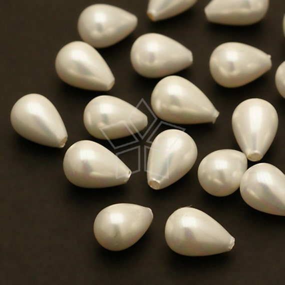 PL-032-SP / 4 Pcs - Cream White Tear Drop Shell Pearls, Half-drilled Tear Drop DiY Pearl Jewelry Earrings Making Findings / 5x8mm