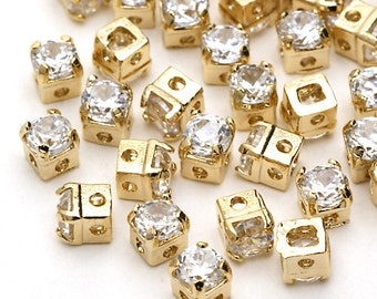 RD-002-GD / 10 Pcs - Square Cubic Zirconia Stone Beads, Metallic Beads Bracelet Making Findings, Gold Plated over Brass / 3x3mm