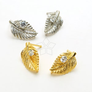 SI-166-OP / 2 Pcs - Cubic Zirconia Stone Point Leaf Ear Studs, CZ Leaf Stud Earrings, 925 Sterling Silver Post, Choose Color / 10x16mm