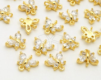 PD-263-GD / 2 Pcs - Cute CZ Butterfly Charm Pendant, Tiny Butterfly Charm Connector, Gold Plated over Brass / 8mm x 8mm