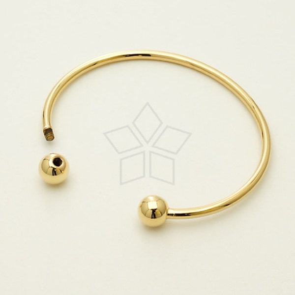 BR-008-GD / 1 Pcs - Cuff Bangle Bracelet for Metal Beads 10 gauge, Ball end screws off, 16K Gold Plated over Brass / 2.57mm