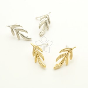 SI-1124-OP / 2 piezas - Postes para pendientes de hojas finas, pendientes de botón con forma de rama, poste de plata de ley 925, color a elegir / 7,8 mm x 16 mm