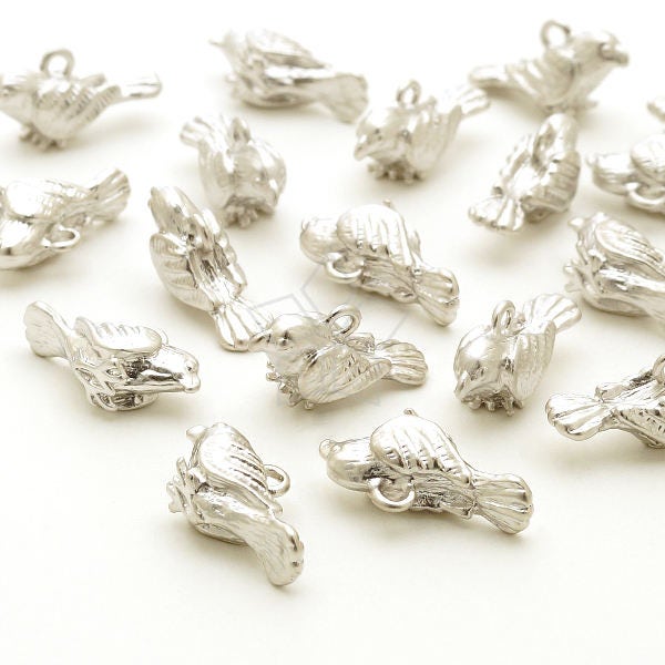 PD-1970-MS / 2 Pcs - Tiny Sparrow Charms, Miniature Bird Charms, 3D Animal Pendant, Matte Silver Plated over Brass / 15mm x 7.7mm