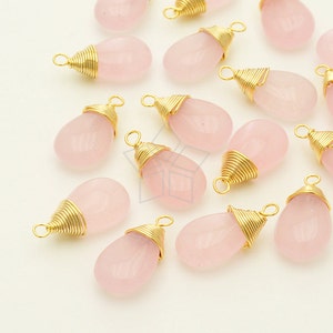 GS-115-GD / 2 Pcs - Cute Jade Wire Wrapped Smooth Drop (Light Pink), 16K Gold Plated Brass Wire / 9mm x 16mm