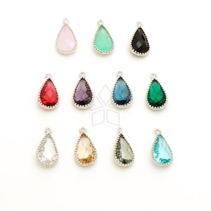 PD-2602-OR / 2 Pcs - Faceted Slim Tear Drop Gemstone Pendant, Rhodium Silver Bezel Setting Gemstone Charm, Choose Gemstone / 8x15mm
