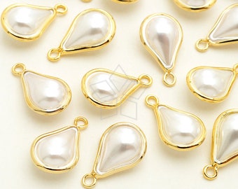PD-2684-GD / 2 Pcs - Tear Drop Pearl Metal Wrapped Pendant, White Drop Pearl Pendant (Small Size), Gold Plated Brass Bezel / 8mm x 14mm