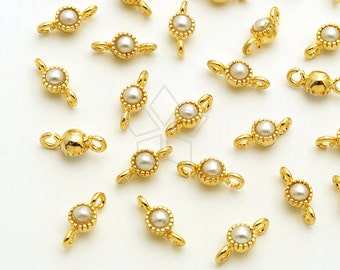 PD-1701-GD / 4 Pcs - Very Tiny Birthstone Connector, June Birthstone, Pearl Charms, Gold Plated over Brass / 3.2mm x 7mm