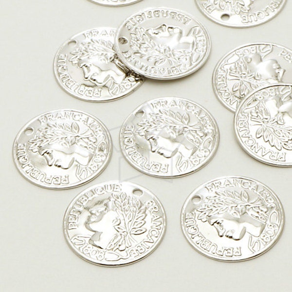 -690-OR / 10 Pcs - Pendentif Francaise Thin Coin, Pièce de Monnaie Ronde, Plaqué Argent sur Laiton / 15mm