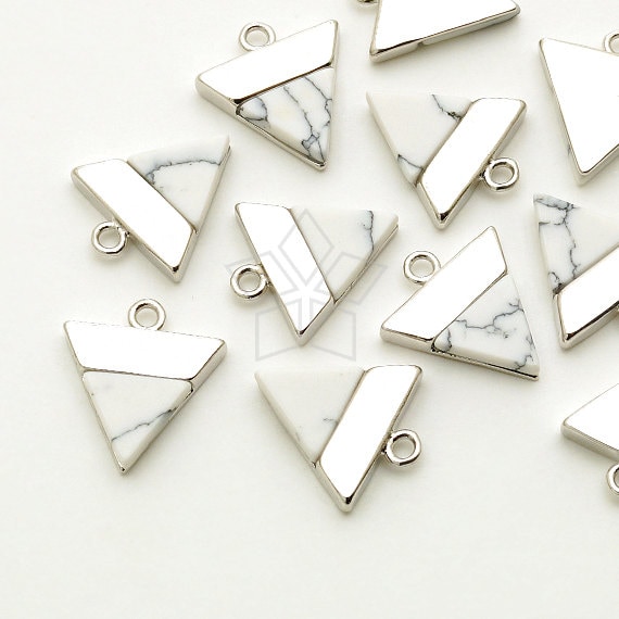 PD-1396-OR / 2 Pcs - Gemstone Metal Mix Pendant, Howlite Inverted Triangle Charm, Silver Plated over Brass / 12mm x 13mm