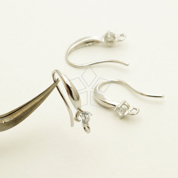 EA-215-OR / 4 Pcs - New CZ Simple Wave Hook Ear Wires, Single Cubic Stone Ear Hooks, Silver Plated over Brass / 16.5mm