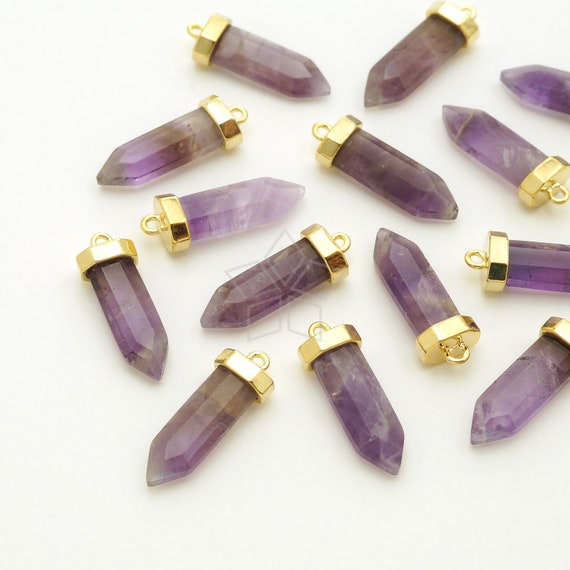 PD-3259-GD / 2 Pcs - Natural Gemstone Pendulum wih Gold Plated Cap, Amethyst, Healing Chakra Point Charm / 6mm x 17mm