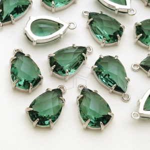 PD-2773-OR / 2 Pcs - Faceted Glass Tear Drop Stone Pendant (Green Tourmaline), Glass Drop Charms, Silver Plated Brass Setting / 8.9mm x 15mm