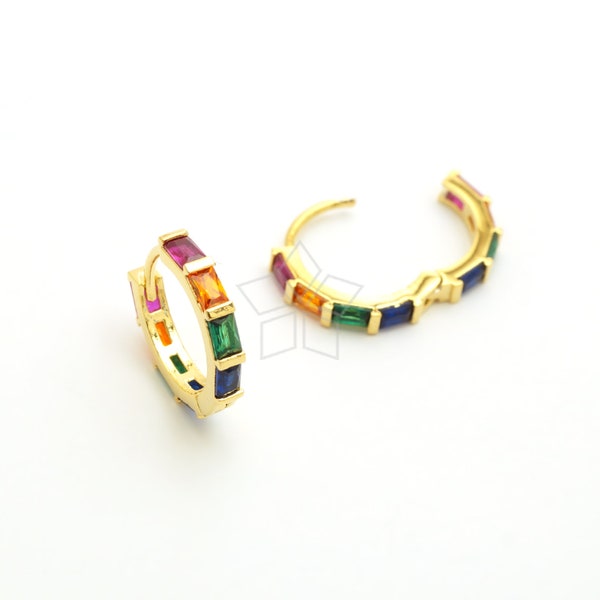 SI-795-GD / 2 Pcs - Gold Rainbow CZ Hoop Earrings, Multicolor Cubic Zirconia Huggie Hoops, Earring Findings, Choose Stone Color / 14mm