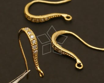 EA-073-GD / 4 Pcs - Shapely Stone Hook Ear Wires, CZ Wedding Bridal Earrings Findings, Gold Plated over Brass / 17mm