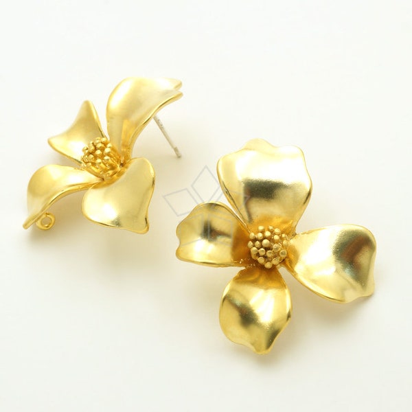 SI-1083-MG / 2 Pcs - Tropical Big Flower Stud Earrings, Large Flower Ear Studs, Matte Gold Plated, 925 Sterling Silver Post / 27mm x 30mm