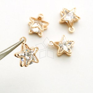 PD-1901-RG / 2 Pcs - Brilliant Cut Cubic Zirconia in Star Shell Frame, Clear CZ Charm Pendant, Rose Gold Plated Brass Frame / 7mm x 9mm