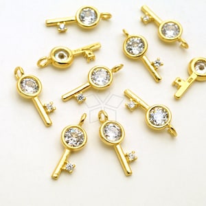 SV-359-GD / 1 Pcs - Cubic Mini Key Charms, Simple Key Pendant, CZ Tiny Key Charms, Gold Plated 925 Sterling Silver / 4.5mm x 12mm