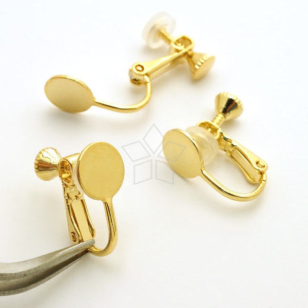 EA-333-GD / 6 Pcs - 8mm Glue on Flat Pad Screw Back Non Piercing Earrings with Silicon Rubber Pad for Comfortable Fit, Gold Plated / 15mm