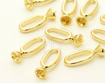 PS-081-GD / 2 Pcs - Long Bell Cap and Bails for Half Drilled Pearls, Necklace Bail, Gold Plated over Brass / 13.5mm