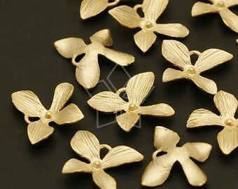 AC-311-MG / 2 Pcs - Orchid Floret Connector, Leaf Petal Charm, Mini-Size, Matte Gold Plated over Brass / 11mm x 10mm
