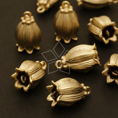 PD-344-MG / 2 Pcs - Tulip Bell Pendant, Bell Flower Charm, Matte Gold Plated over Brass / 9mm x 14mm