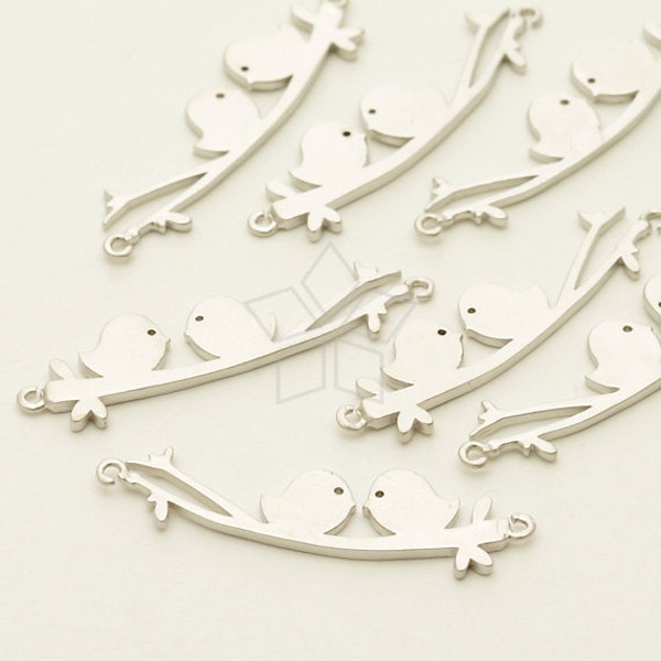 PD-1390-MS / 2 Pcs - New A Couple of Birds Pendant (Small Size), Matte Silver Plated over Brass / 26mm x 7mm