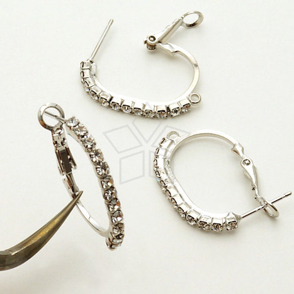 SI-566-OR / 2 Pcs - Oval Rhinestone Hoop Earring Findings, Silver Plated, 925 Sterling Silver Post / 17mm x 24mm