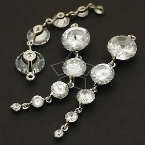PD-042-OR / 2 Pcs - Five Cubics Pendant, Long Dangle Cubic Zirconia Charm, Silver Plated Brass Body / 10mm x 49mm