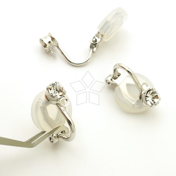 EA-289-OR / 6 piezas - Clip de piedra de cristal en pendientes no perforados Hallazgos con almohadillas de confort de goma de silicona, latón plateado / 13 mm