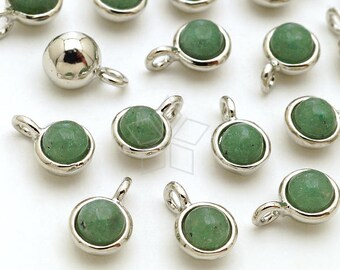 PD-2196-OR / 2 stuks - Groene Aventurijn Ronde Bedels, Tiny Ronde Edelsteen Gladde Bezel Hanger, Verzilverd over Messing Bezel / 4.5mm