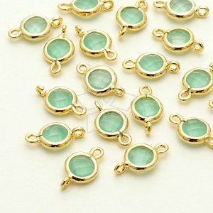 PD-873-GD / 2 Pcs - Cute Mini Glass Stone Round Connector (Ice Mint), 16K Gold Plated over Brass / 5.3mm x 9.3mm