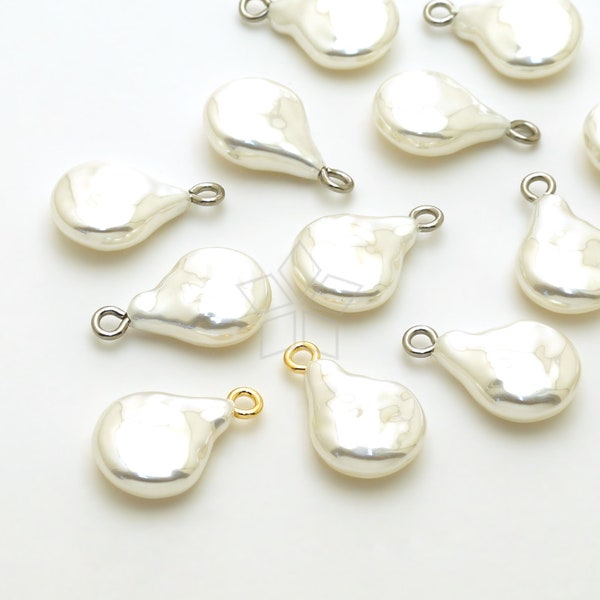 AR317 / 2 Pcs - Pearl White Baroque Drop Acrylic Pearl Pendant, Flat Pearls Tear Drop with a Loop / 12x19mm