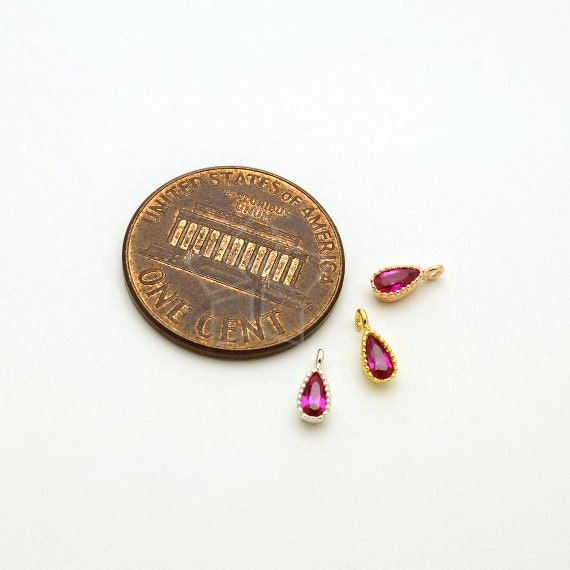 SV-176-GD / 2 Pcs - Mini CZ Drop Charms (ruby), Saw Tooth Bezel