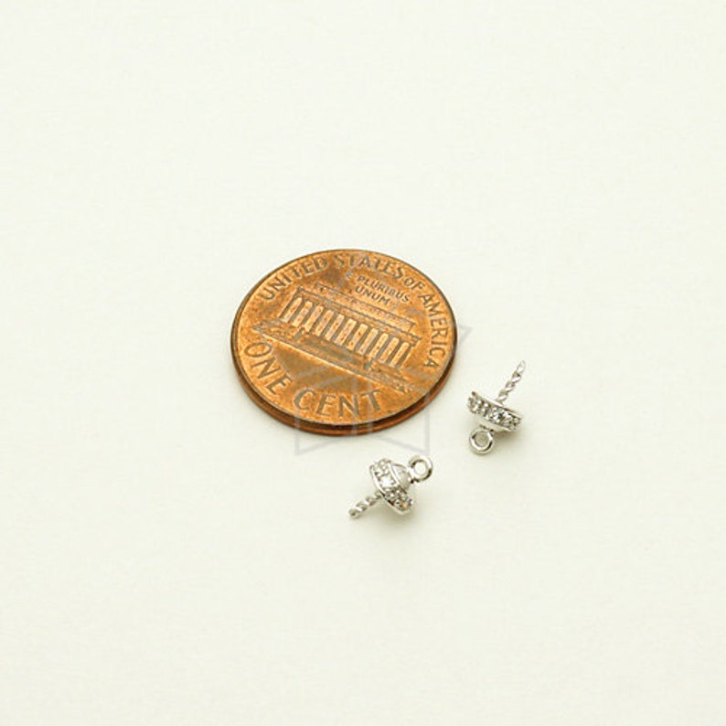 CP-040-OR / 2 Pcs CZ Round Box Bead cap with peg, Diy Pearl Charm Making Findings, Silver Plated over Brass / 4.8mm image 2