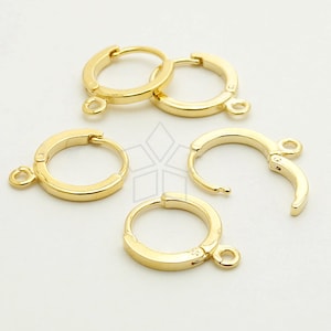 EA-083-GD / 8 Pcs - Simple Huggie Hoop Earrings, One-Touch Round Earring Findings, Gold Plated over Brass / 12mm
