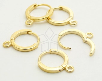 EA-083-GD / 8 Pcs - Simple Huggie Hoop Earrings, One-Touch Round Earring Findings, Gold Plated over Brass / 12mm