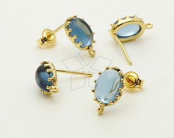 SI-533-GD / 2 Pcs - Pave Setting Smooth Oval Earrings (Montana Blue), Gold Plated, with .925 Sterling Silver Post / 7mm x 11mm