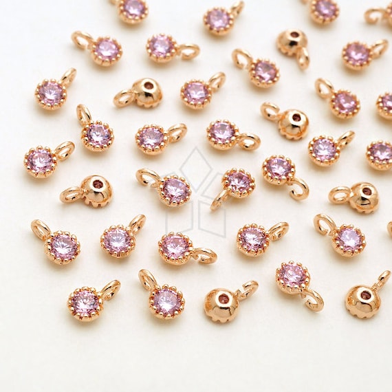 PD-2695-RG / 4 Pcs - Very Tiny Round CZ Charms (Rose Pink), Mini Cubic Zirconia Charms, Rose Gold Plated over Brass / 3.2mm x 5mm